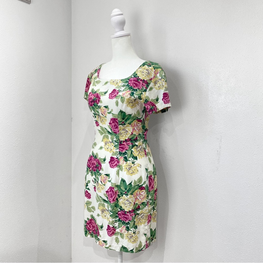 All That Jazz White Floral Sheath Dress with Pink and Yellow Roses